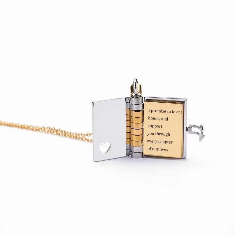Stainless Steel Personalized Engraved Lovers Book Pendant Necklace