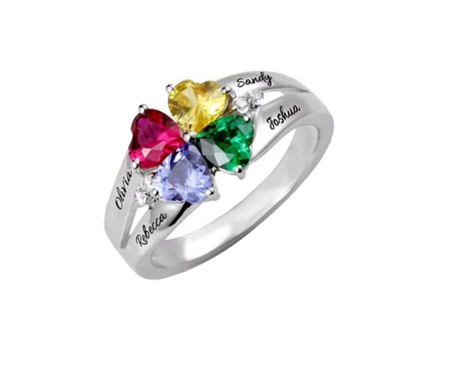 Personalized 1-8 Birthstone Silver Flower Ring Custom Engraved Name