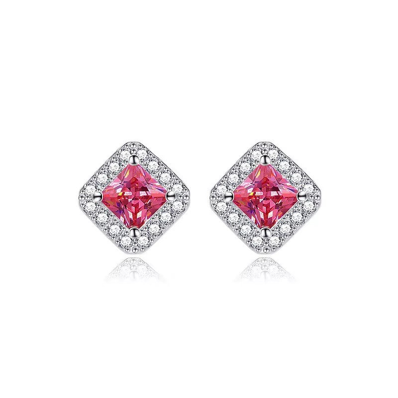 Silver-Plated 12 Birthstone Stud Earrings Alloy Square Design