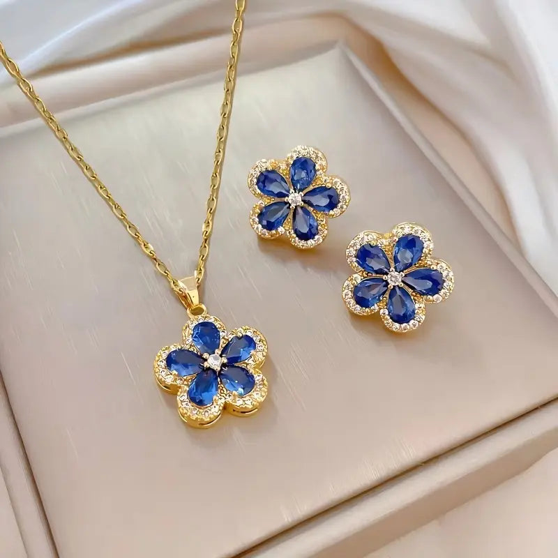Luxury Bling Zircon Colorful Crystal Earrings Necklace Set