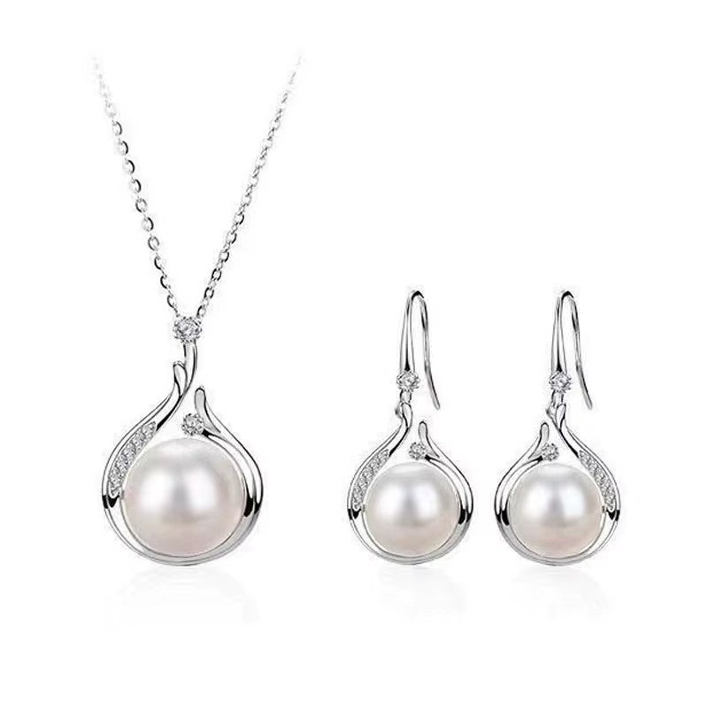 Elegant Silver Plated Jewelry Set Pearl Necklace & Earring