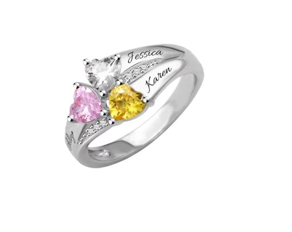 Personalized 1-8 Birthstone Silver Flower Ring Custom Engraved Name