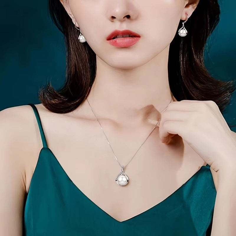 Elegant Silver Plated Jewelry Set Pearl Necklace & Earring