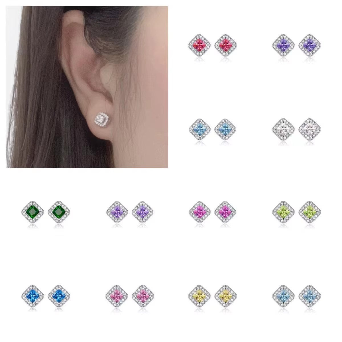 Silver-Plated 12 Birthstone Stud Earrings Alloy Square Design