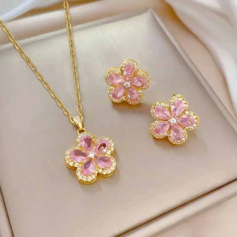 Luxury Bling Zircon Colorful Crystal Earrings Necklace Set