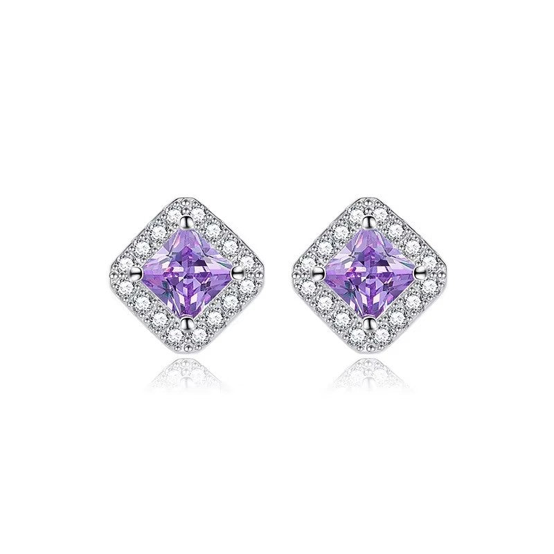 Silver-Plated 12 Birthstone Stud Earrings Alloy Square Design