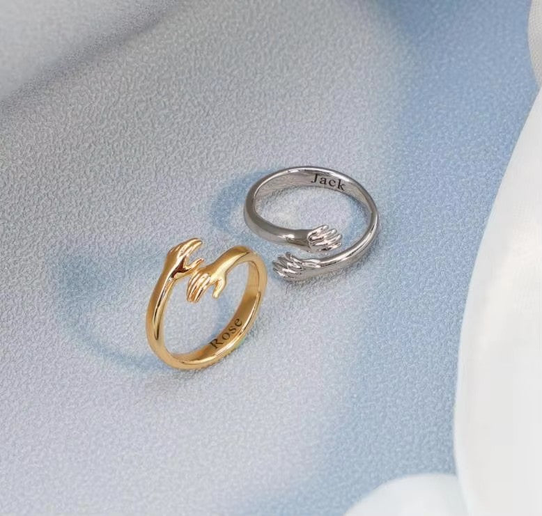 Custom Couple Hugging Hands Open Promise Ring Jewelry