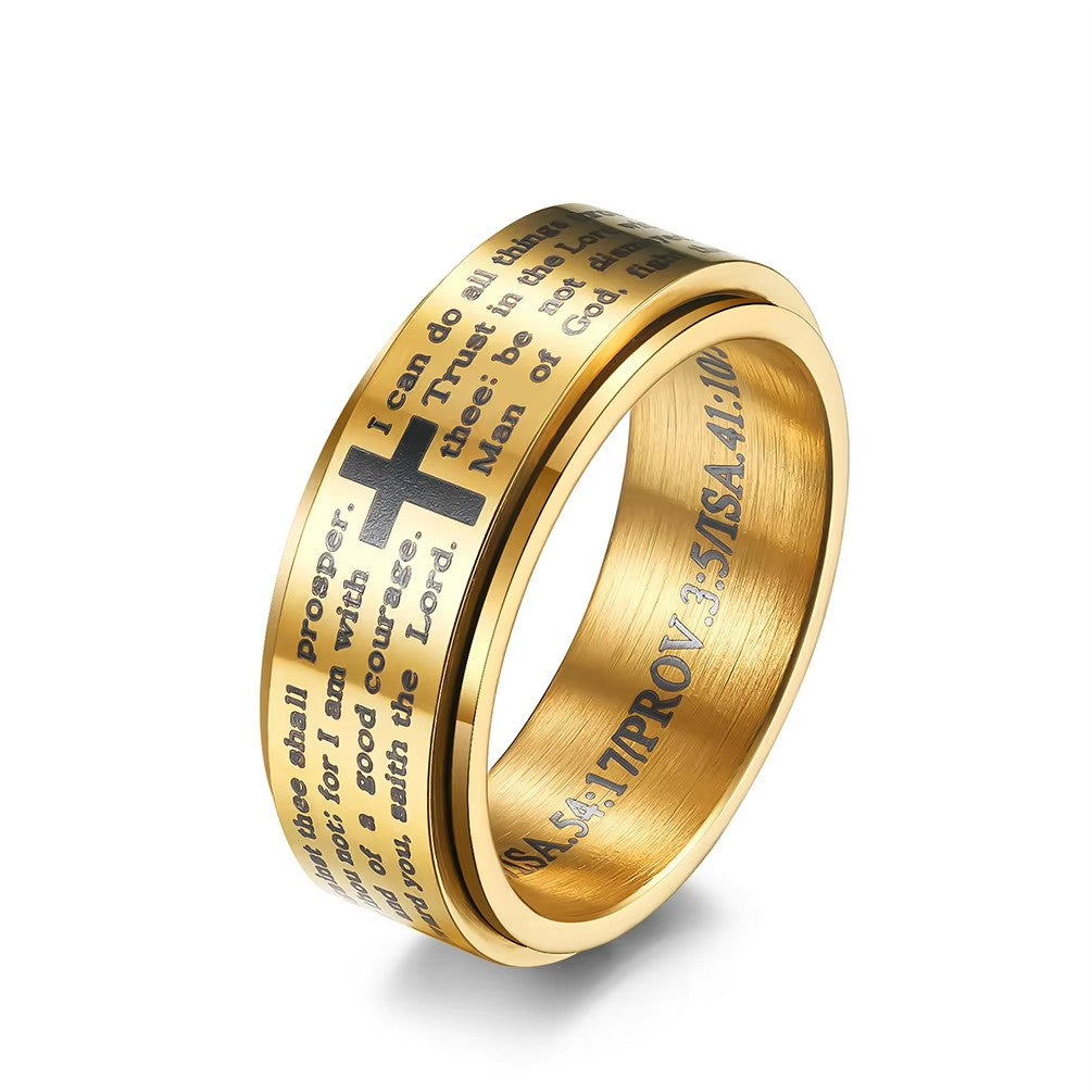 Men's Gold Plated Prayer Spinner Band Ring Rotatable Cross