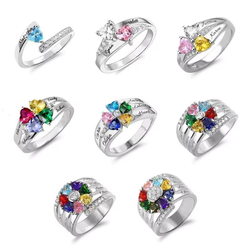 Personalized 1-8 Birthstone Silver Flower Ring Custom Engraved Name
