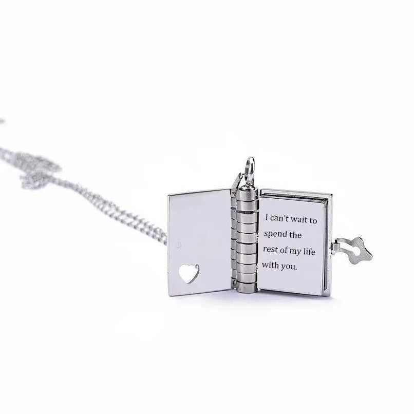 Stainless Steel Personalized Engraved Lovers Book Pendant Necklace