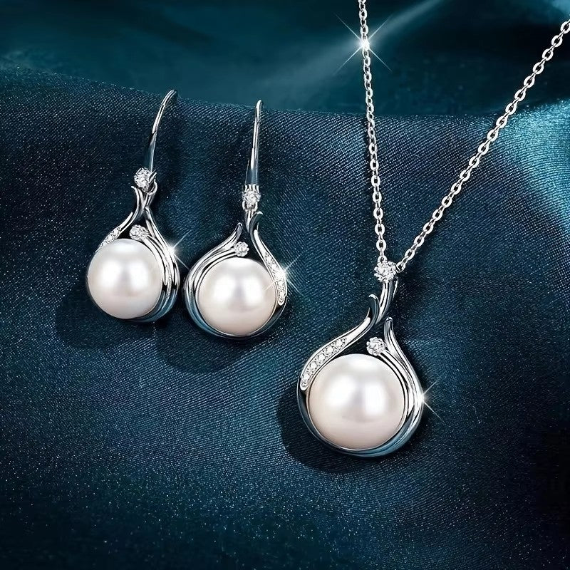 Elegant Silver Plated Jewelry Set Pearl Necklace & Earring