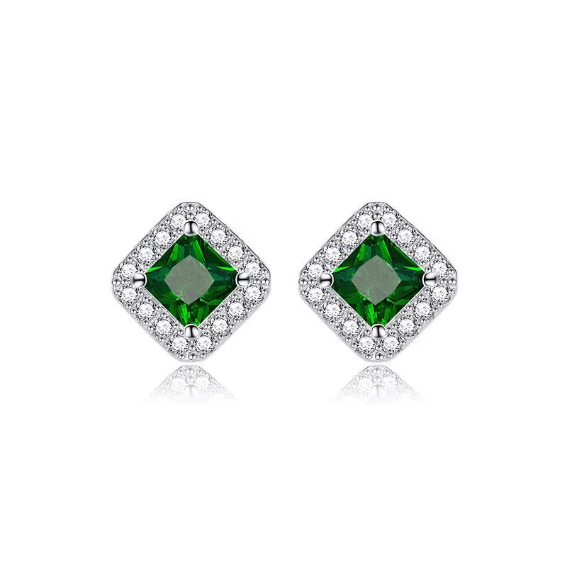 Silver-Plated 12 Birthstone Stud Earrings Alloy Square Design