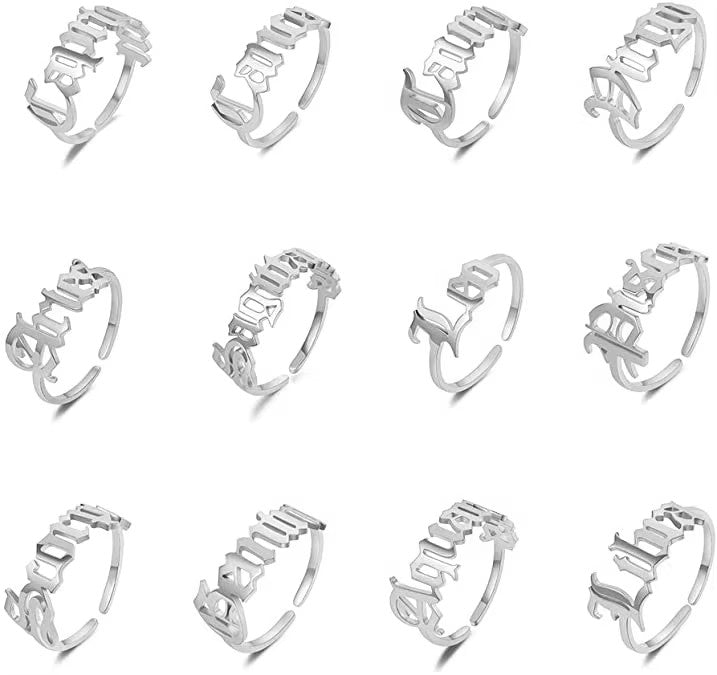 18K Gold Plated 12 Old English Zodiac Stainless Steel Rings