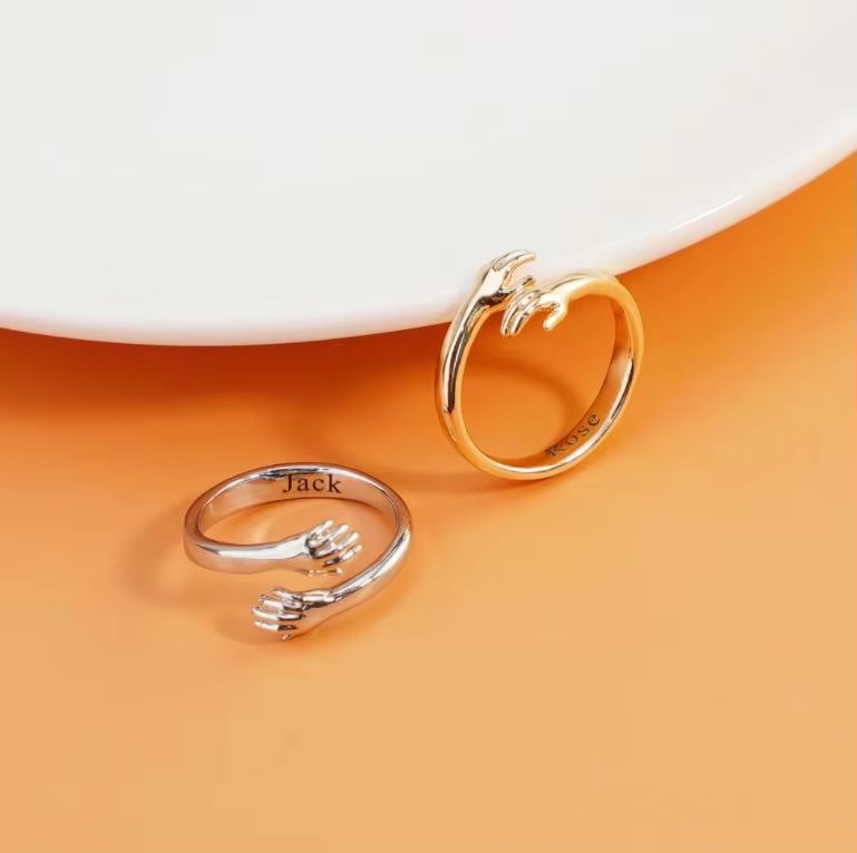 Custom Couple Hugging Hands Open Promise Ring Jewelry