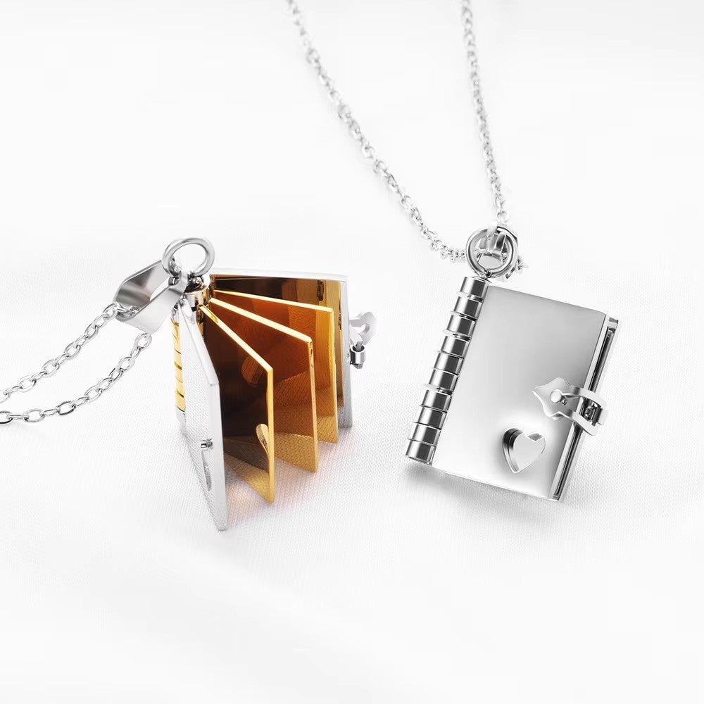 Stainless Steel Personalized Engraved Lovers Book Pendant Necklace
