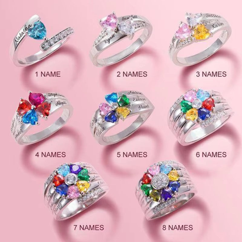 Personalized 1-8 Birthstone Silver Flower Ring Custom Engraved Name