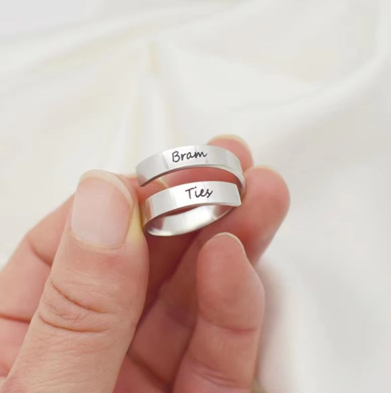 Women Men Personalized Wrap Couple Ring Stainless Steel Engraved Letter Rings