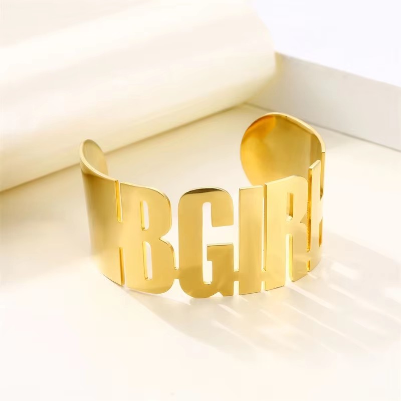 Gold Plated Shiny Stainless Steel Open Wide Cuff Bangle Bracelet Punk Style
