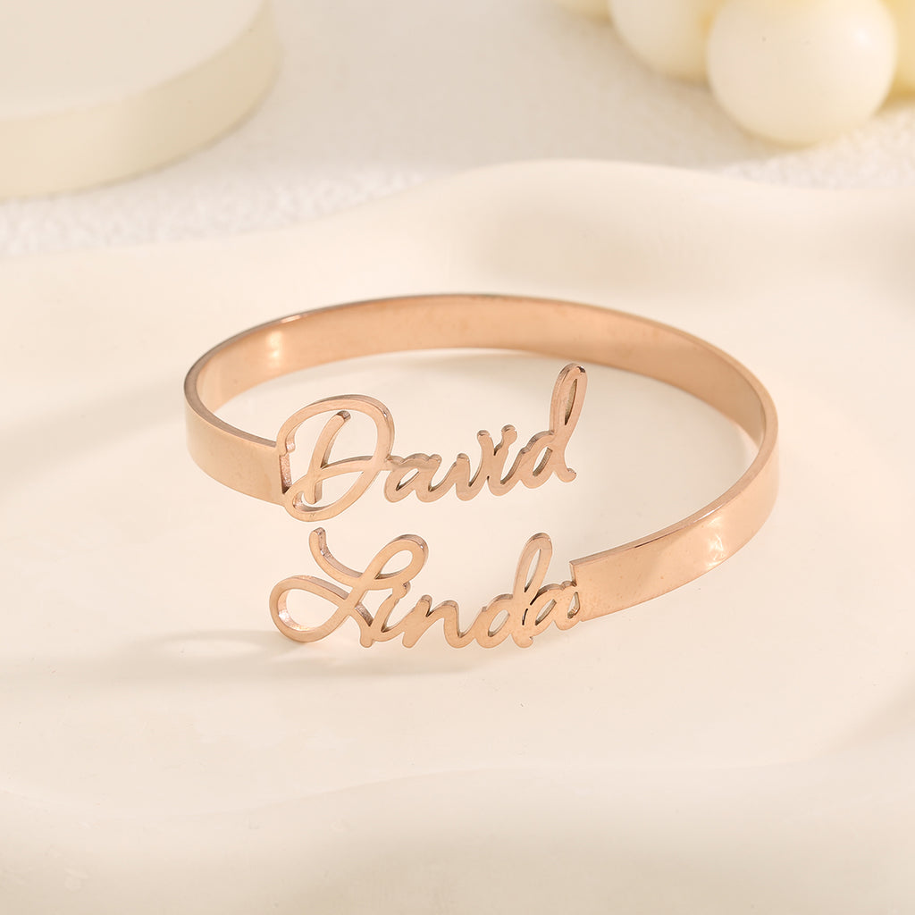 Personalized 1-4 Names Hollow Stainless Steel Adjustable Bangle