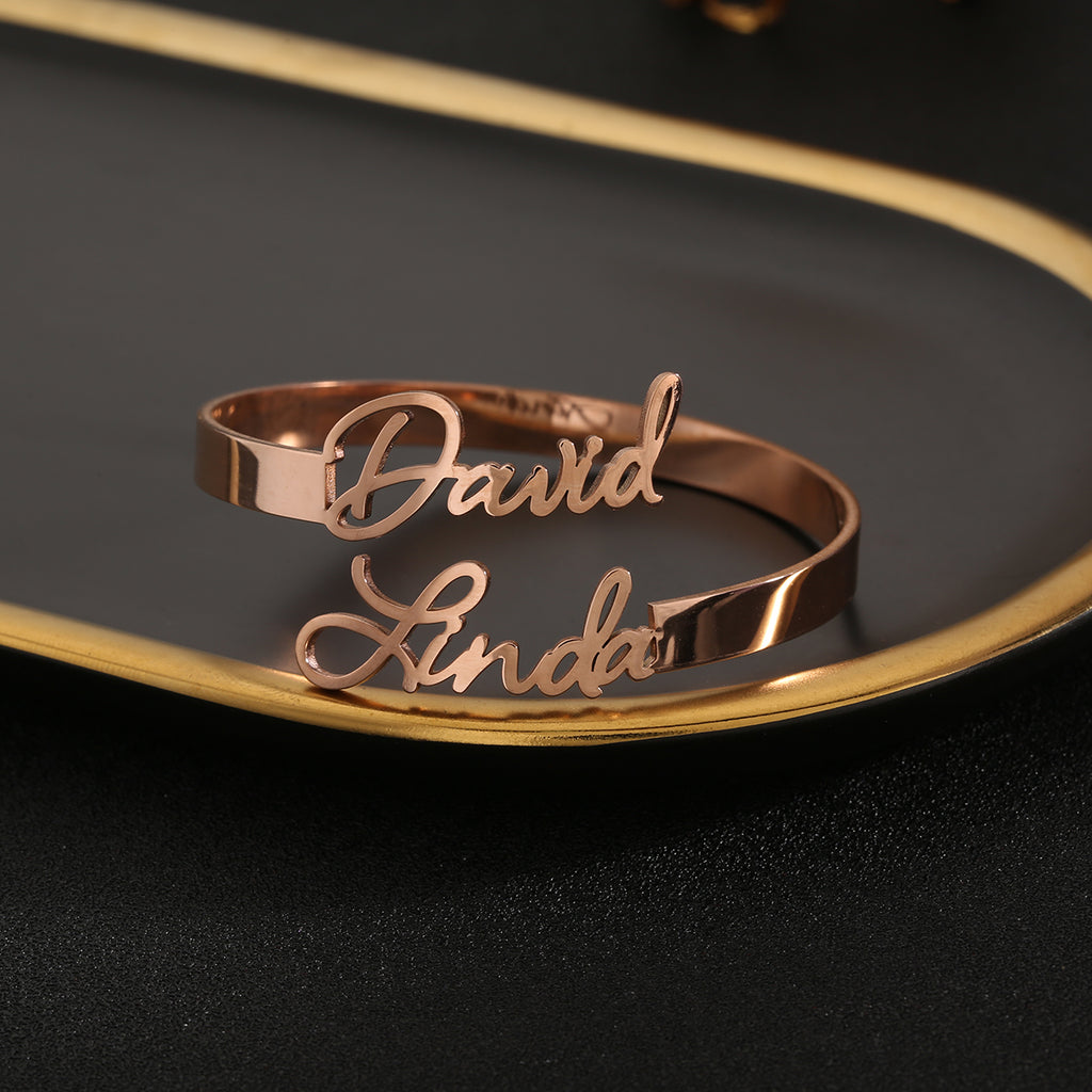 Personalized 1-4 Names Hollow Stainless Steel Adjustable Bangle