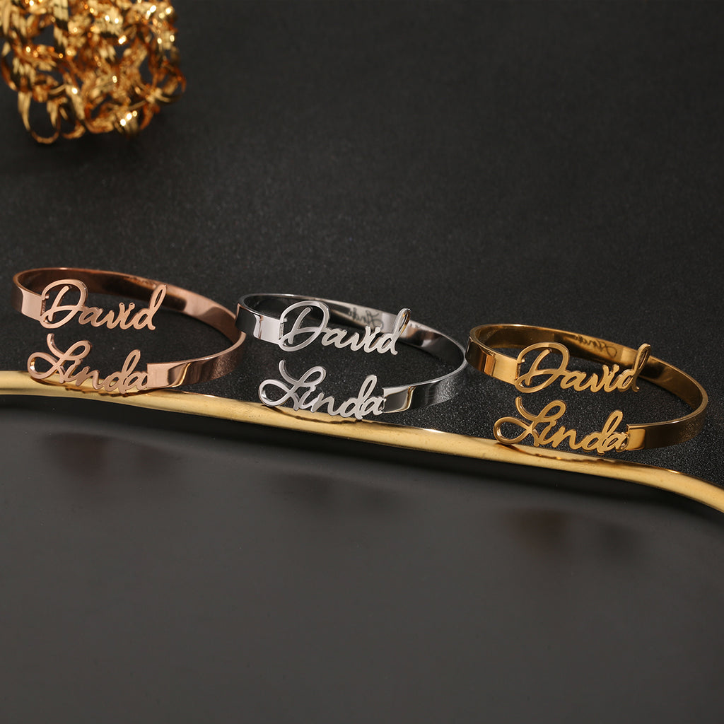 Personalized 1-4 Names Hollow Stainless Steel Adjustable Bangle