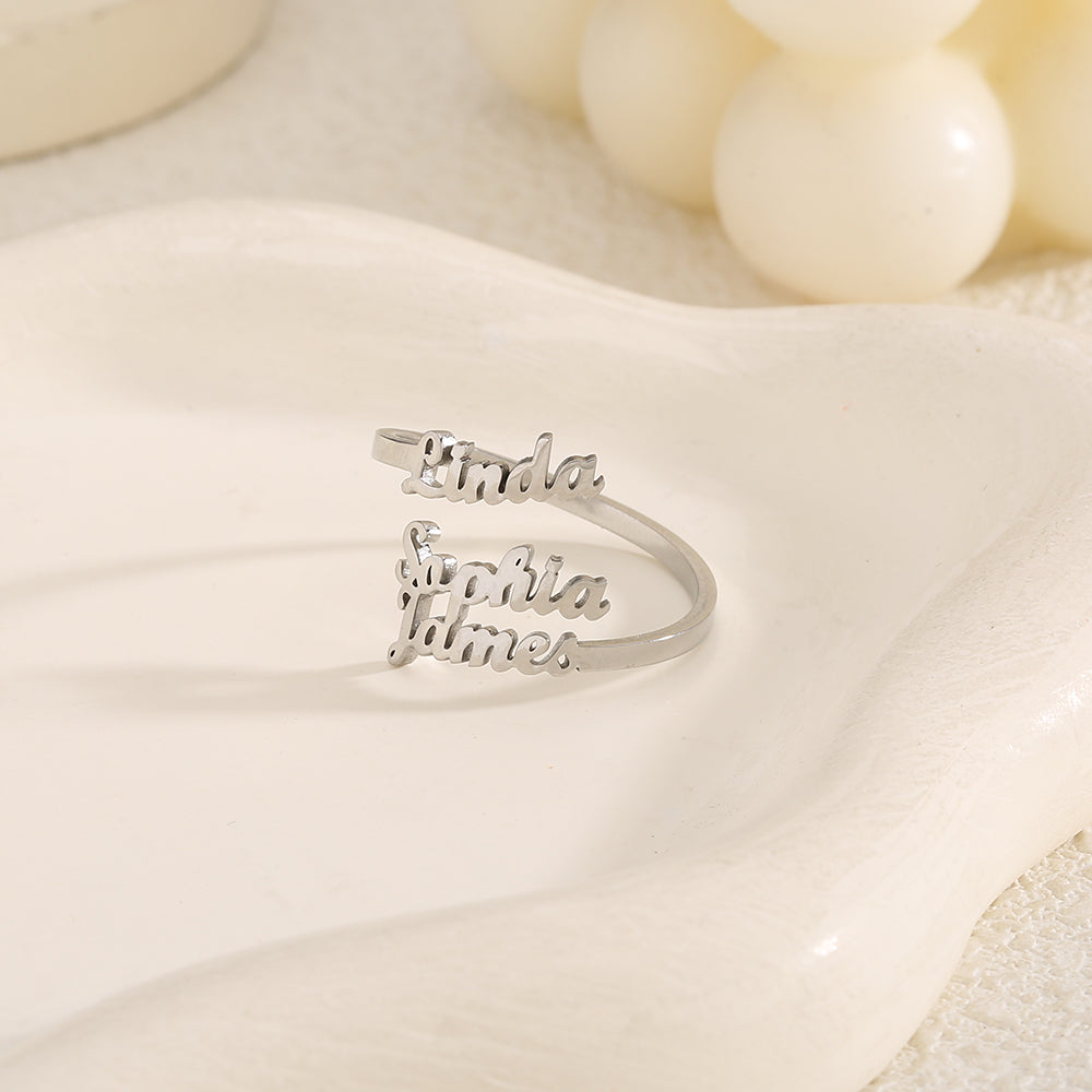Personalized 1-4 Names Hollow Stainless Steel Adjustable Ring