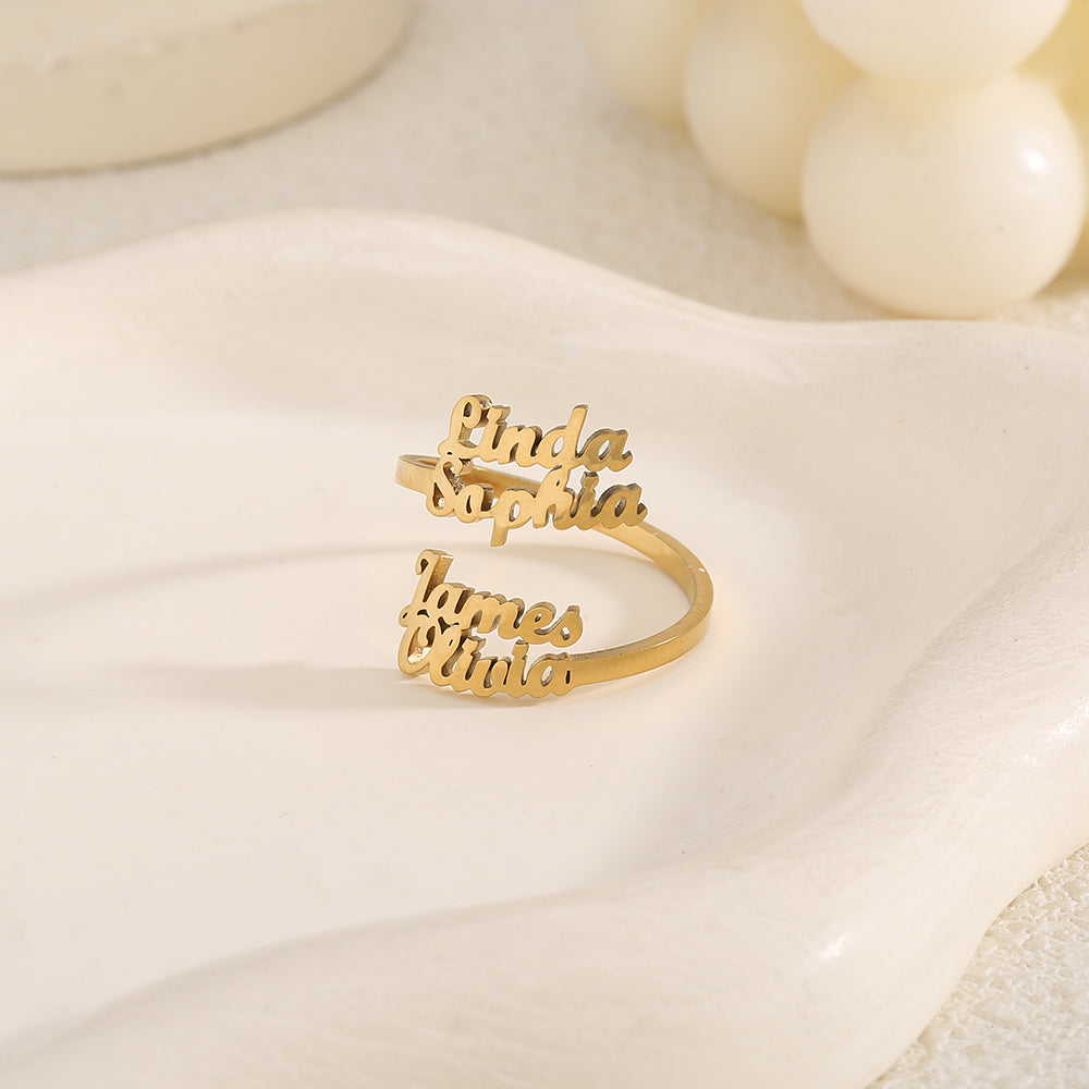 Personalized 1-4 Names Hollow Stainless Steel Adjustable Ring