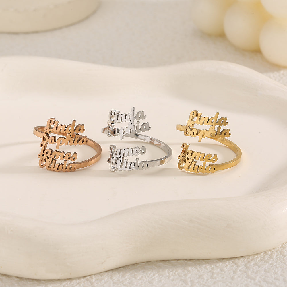 Personalized 1-4 Names Hollow Stainless Steel Adjustable Ring