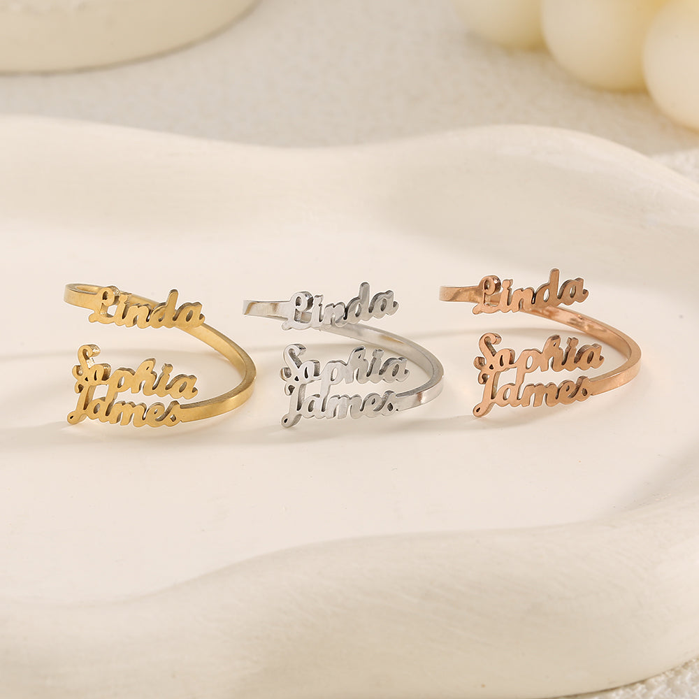 Personalized 1-4 Names Hollow Stainless Steel Adjustable Ring