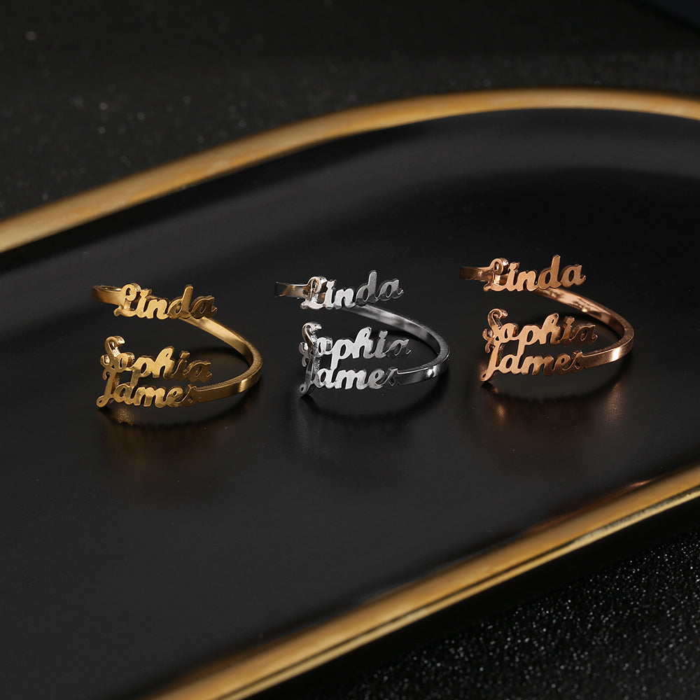 Personalized 1-4 Names Hollow Stainless Steel Adjustable Ring