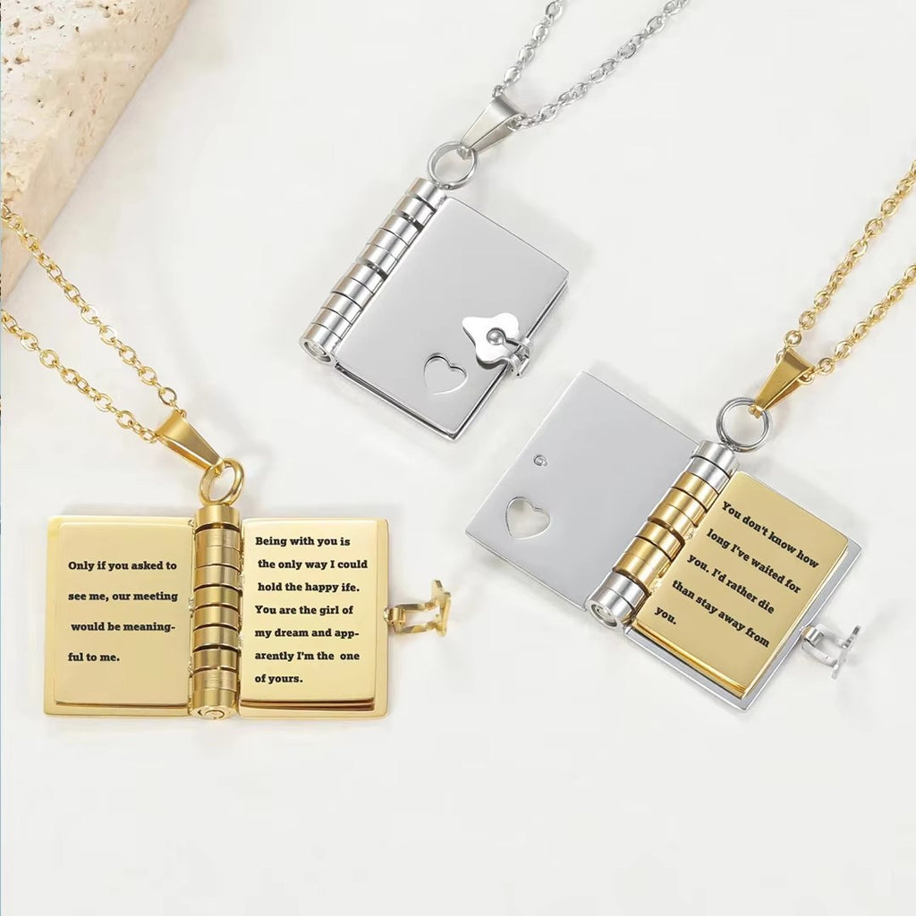 Stainless Steel Personalized Engraved Lovers Book Pendant Necklace