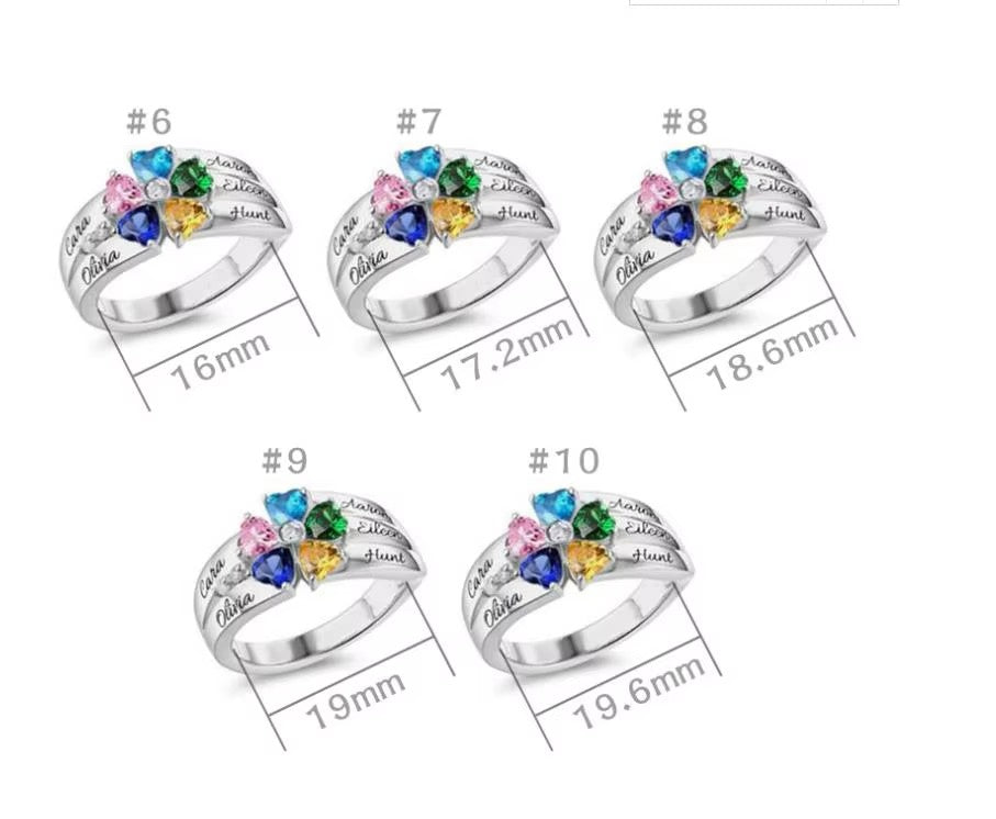 Personalized 1-8 Birthstone Silver Flower Ring Custom Engraved Name