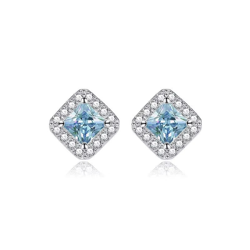 Silver-Plated 12 Birthstone Stud Earrings Alloy Square Design