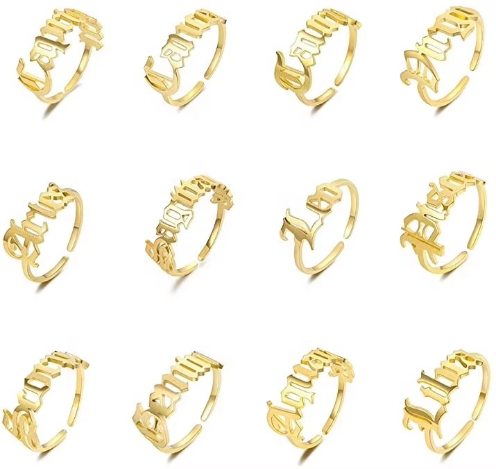18K Gold Plated 12 Old English Zodiac Stainless Steel Rings