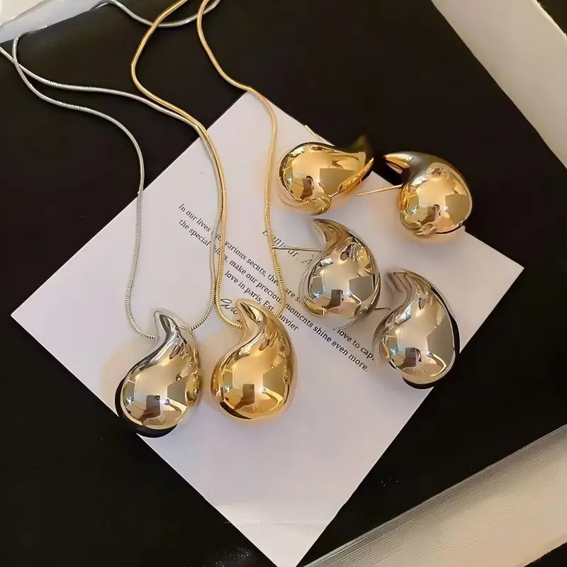 Water Drop Necklace 18K Gold Plated Titanium Steel Earrings Necklace Set