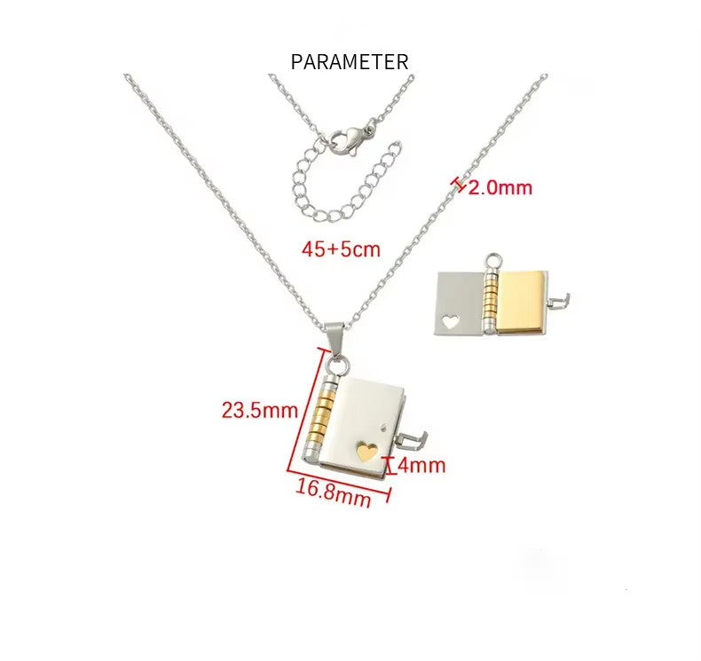Stainless Steel Personalized Engraved Lovers Book Pendant Necklace