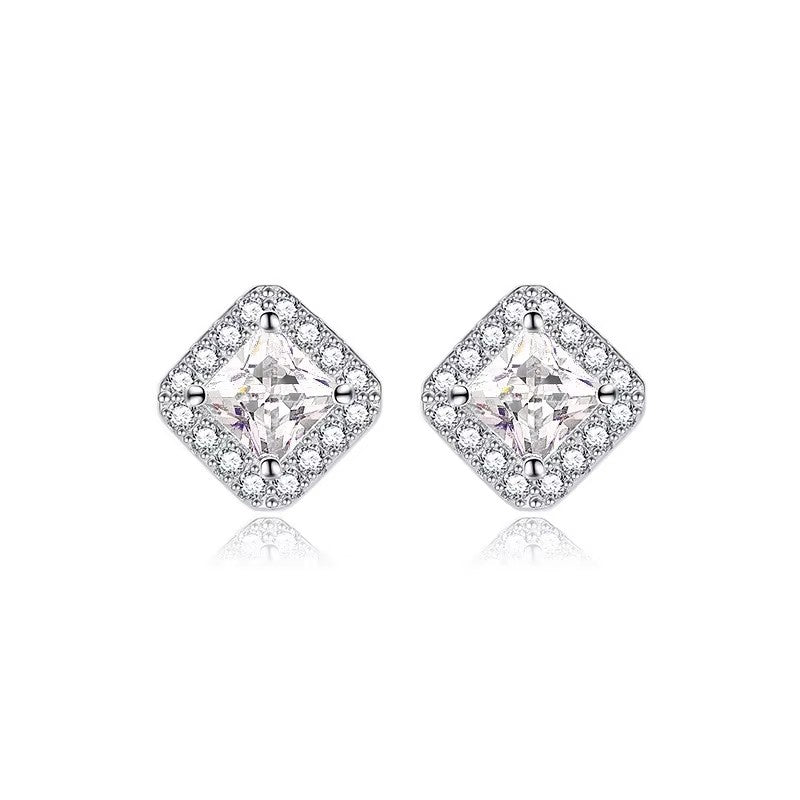 Silver-Plated 12 Birthstone Stud Earrings Alloy Square Design