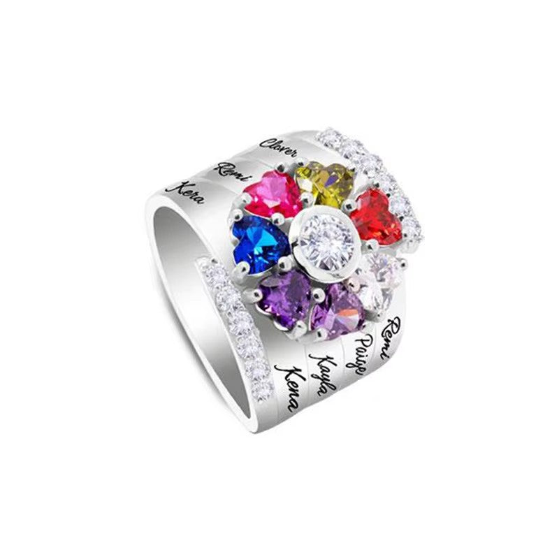 Personalized 1-8 Birthstone Silver Flower Ring Custom Engraved Name