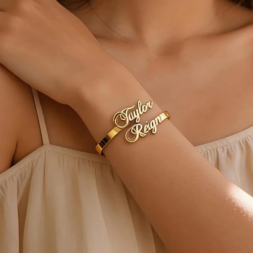 Personalized 1-4 Names Hollow Stainless Steel Adjustable Bangle